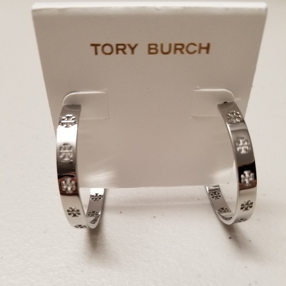 Tory Burch Silver Pierced T Hoop Earrings - Picture 2 of 6